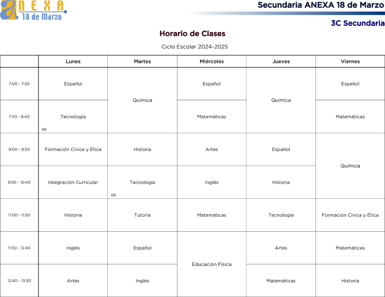 Horario de clases 3C Secundaria – Secundaria y Preparatoria ANEXA 18 de ...